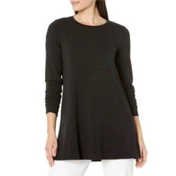 Eileen Fisher Boxy Tee Black Lightweight Tunic Length Long Sleeve Scoop Neck S - Picture 1 of 12